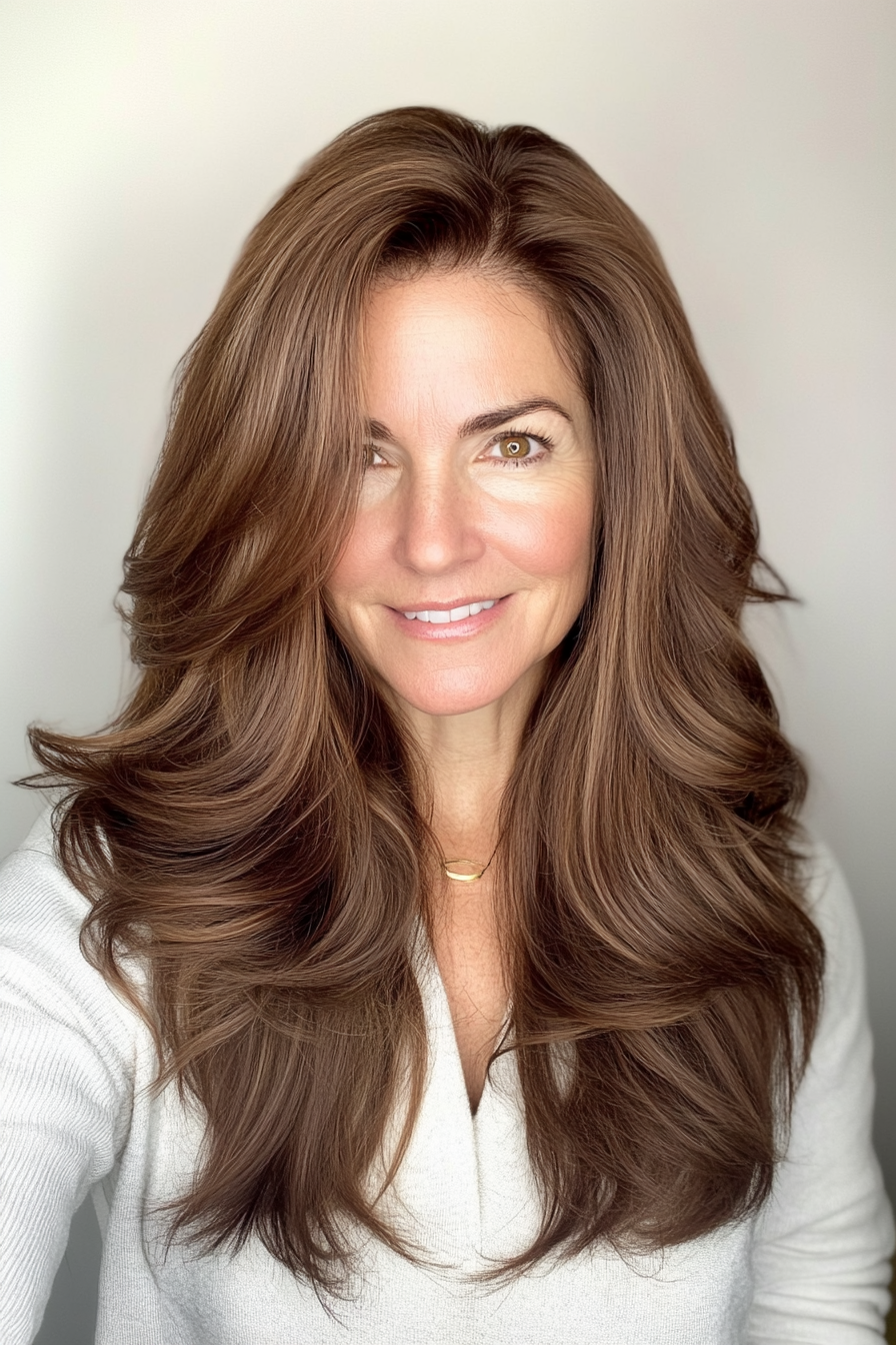 2. Long Layered Waves in Chestnut Brown (Layered Haircuts For Women Over 50) - Layered Haircuts For Women Over 50