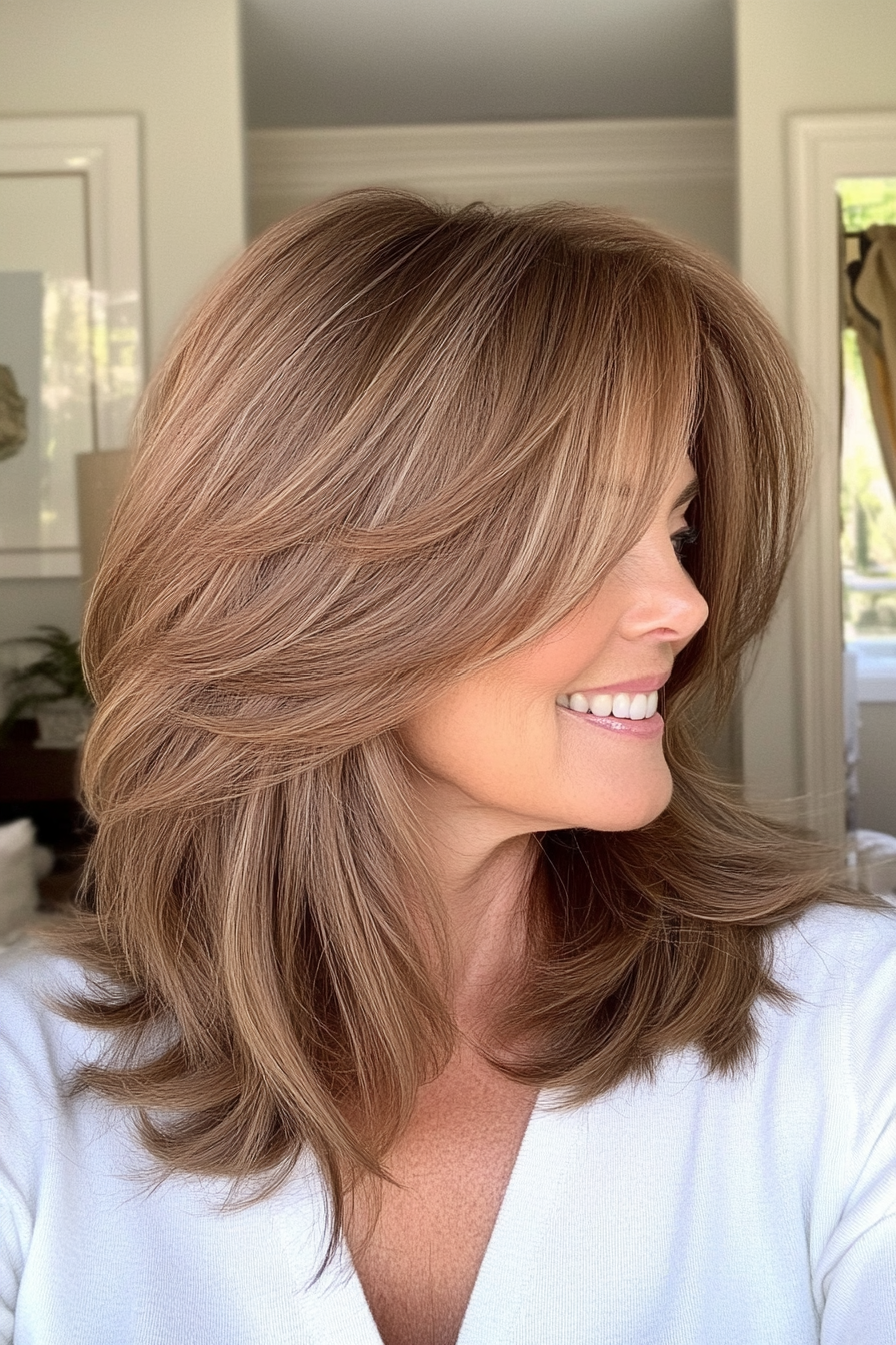 5. Shoulder-Length Layers with Side Bangs in Warm Caramel Brown (Layered Haircuts For Women Over 50) - Layered Haircuts For Women Over 50