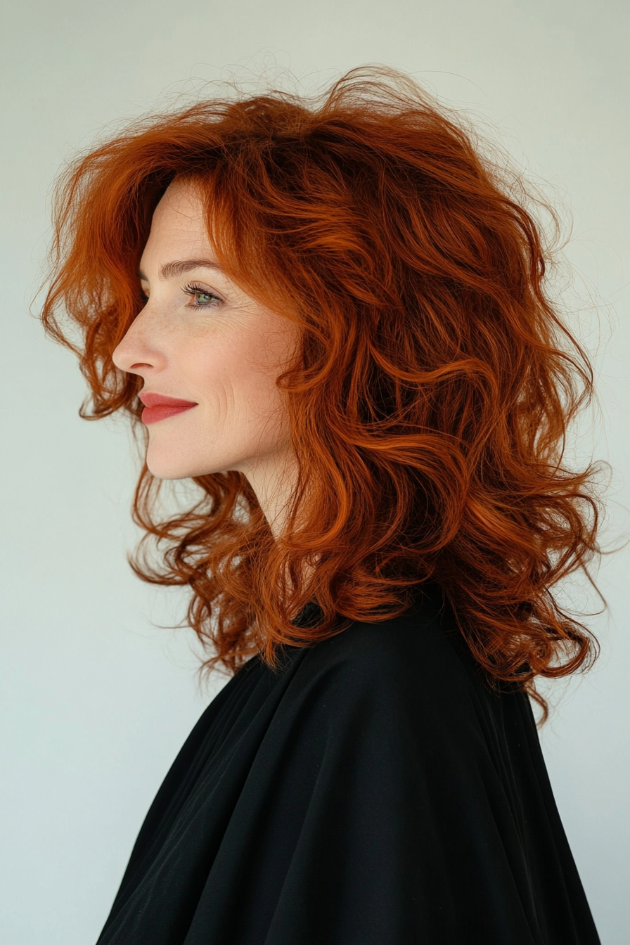 6. Curly Layered Lob in Deep Auburn (Layered Haircuts For Women Over 50) - Layered Haircuts For Women Over 50