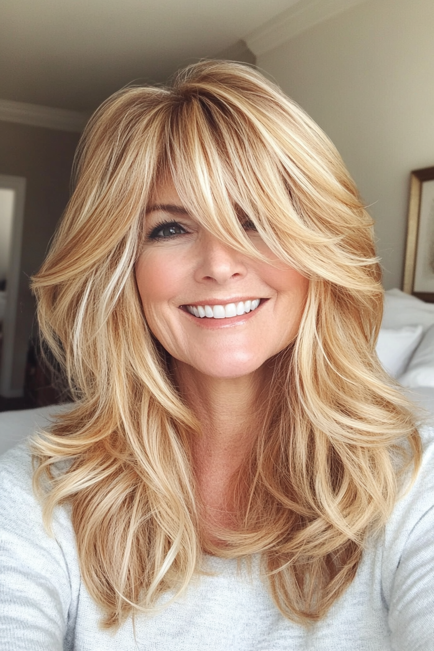 7. Shaggy Layers with Curtain Bangs in Golden Blonde (Layered Haircuts For Women Over 50) - Layered Haircuts For Women Over 50