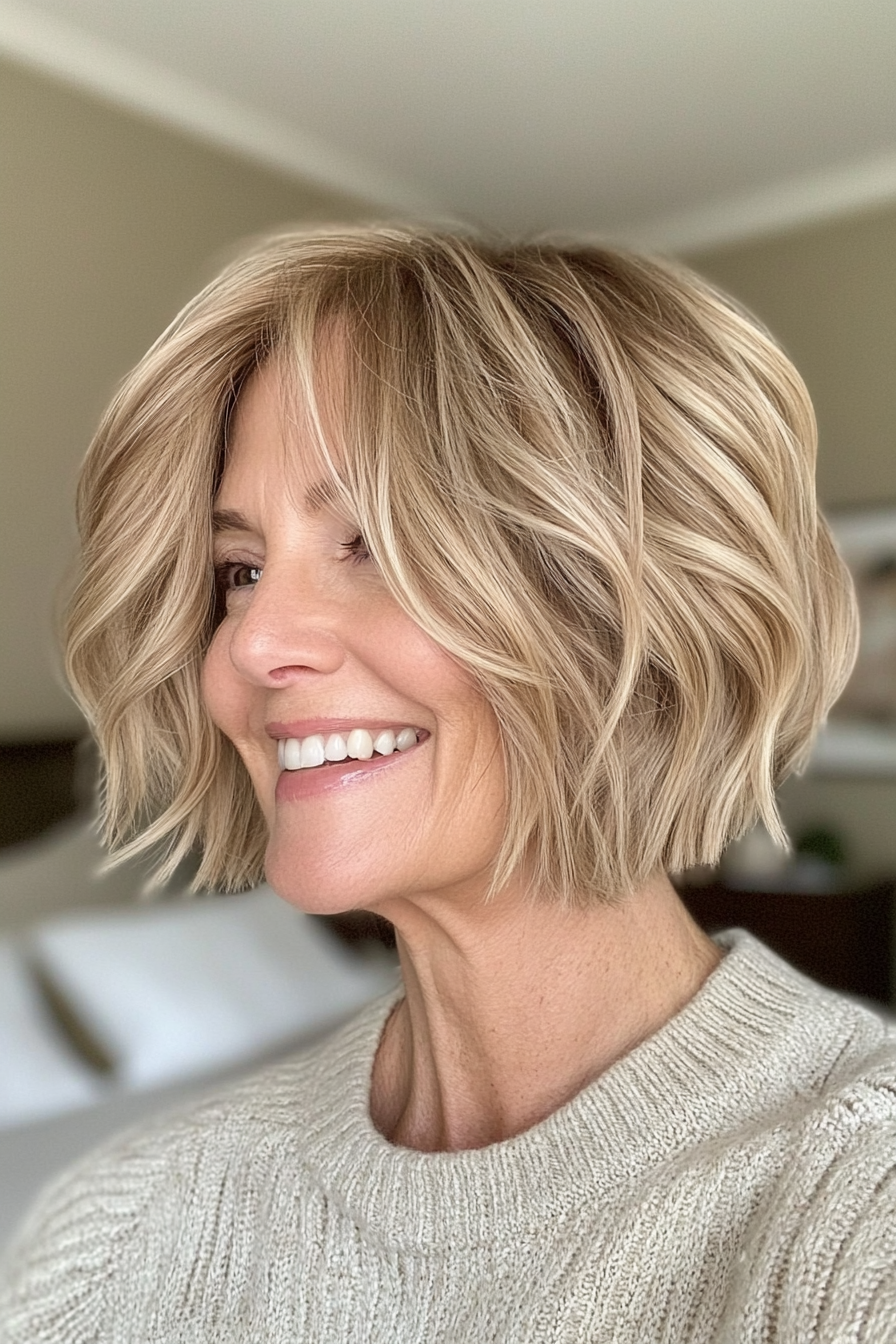 9. Choppy Layered Bob in Honey Blonde (Layered Haircuts For Women Over 50) - Layered Haircuts For Women Over 50