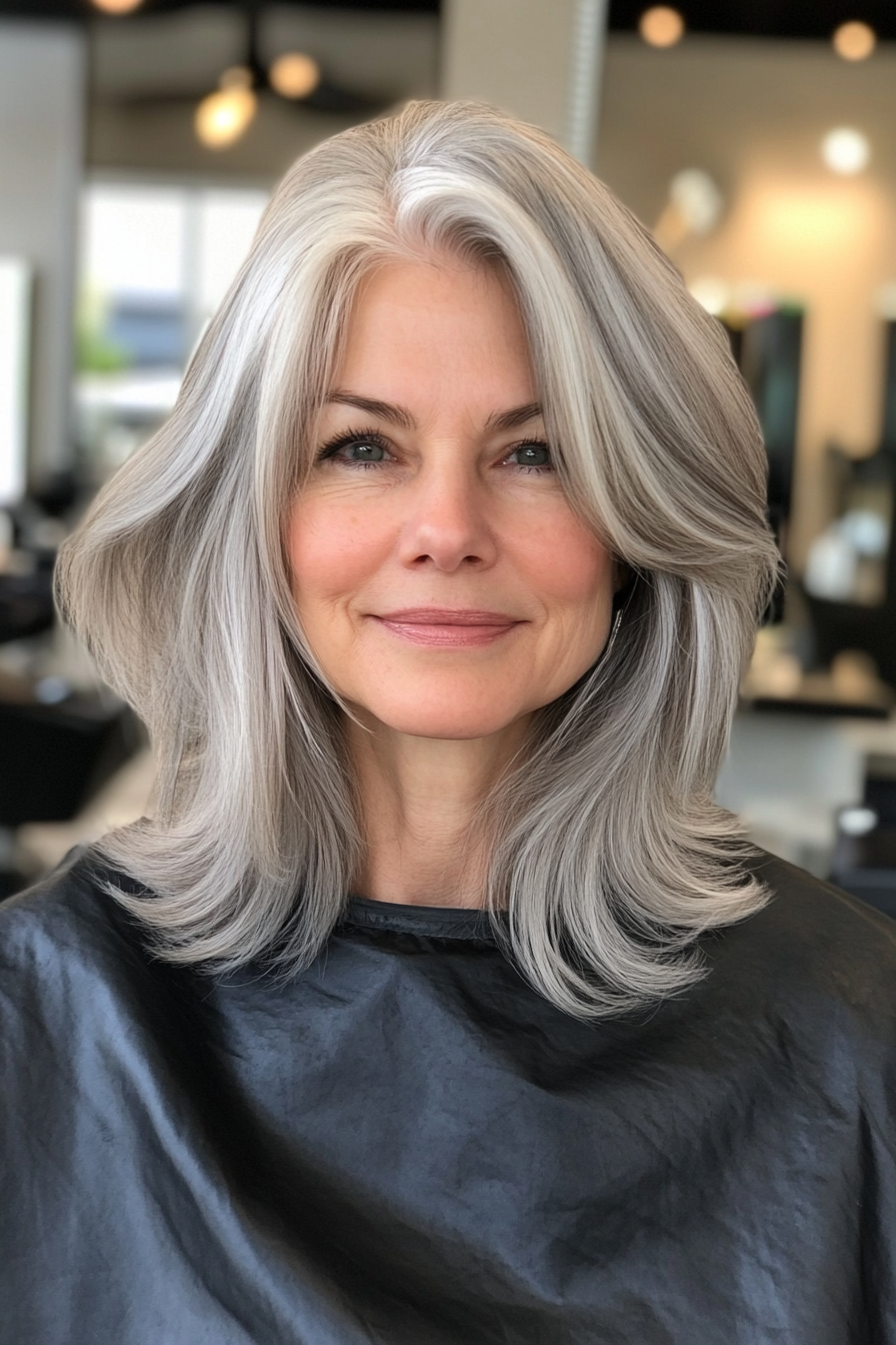 11. Wispy Layered Cut in Silver Gray (Layered Haircuts For Women Over 50) - Layered Haircuts For Women Over 50