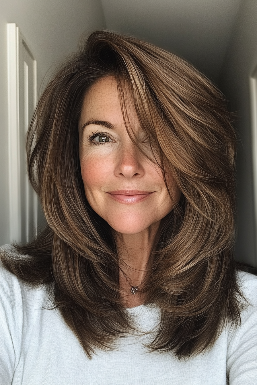 12. Medium-Length Layers with a Side Part in Mocha Brown (Layered Haircuts For Women Over 50) - Layered Haircuts For Women Over 50