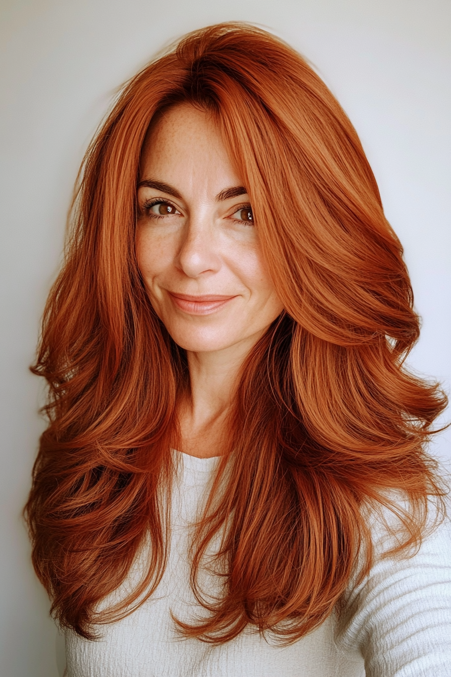 14. Long Face-Framing Layers in Warm Copper Red (Layered Haircuts For Women Over 50) - Layered Haircuts For Women Over 50