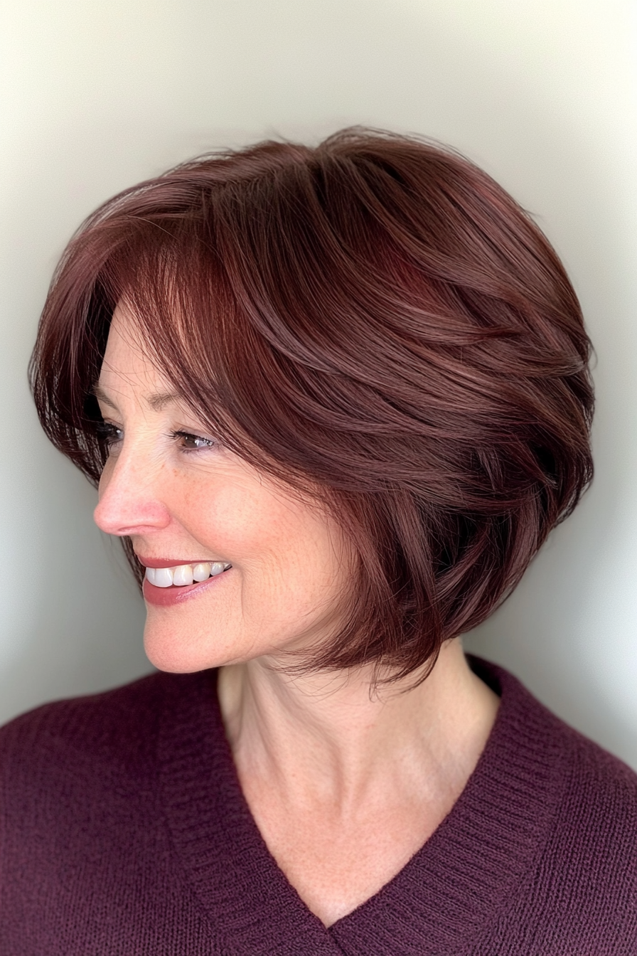 18. Chin-Length Layered Bob in Deep Burgundy Brown (Layered Haircuts For Women Over 50) - Layered Haircuts For Women Over 50
