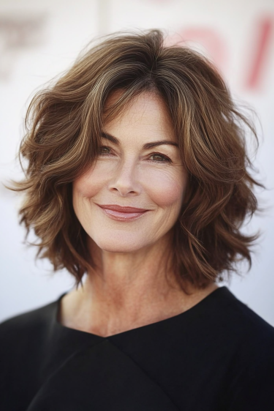 21. Wavy Layered Lob in Medium Chestnut Brown (Layered Haircuts For Women Over 50) - Layered Haircuts For Women Over 50