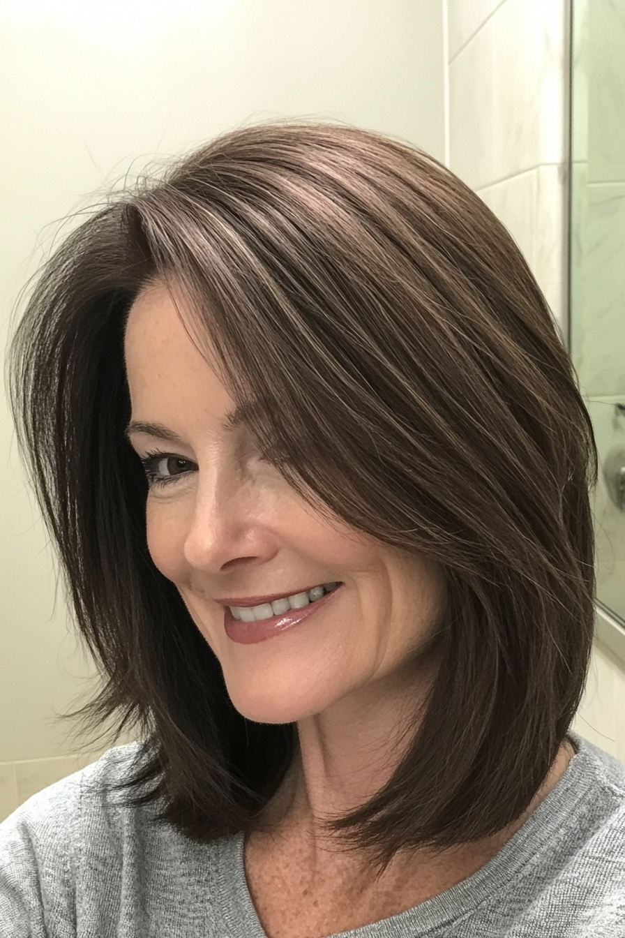 22. Softly Layered Blunt Cut in Dark Ash Brown (Layered Haircuts For Women Over 50) - Layered Haircuts For Women Over 50
