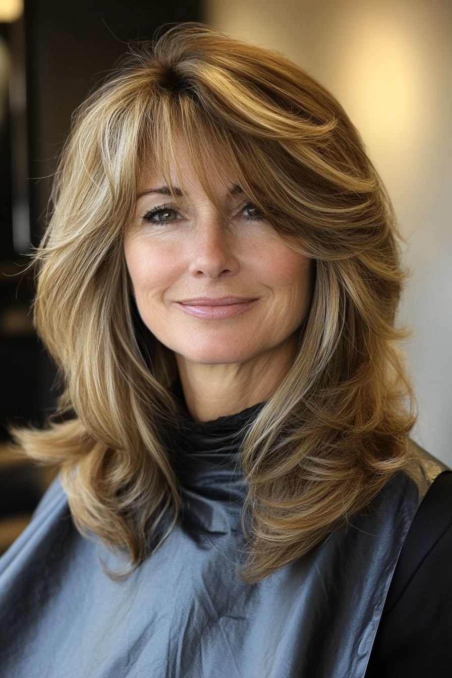 24. Face-Framing Feathered Cut in Light Golden Brown (Layered Haircuts For Women Over 50) - Layered Haircuts For Women Over 50