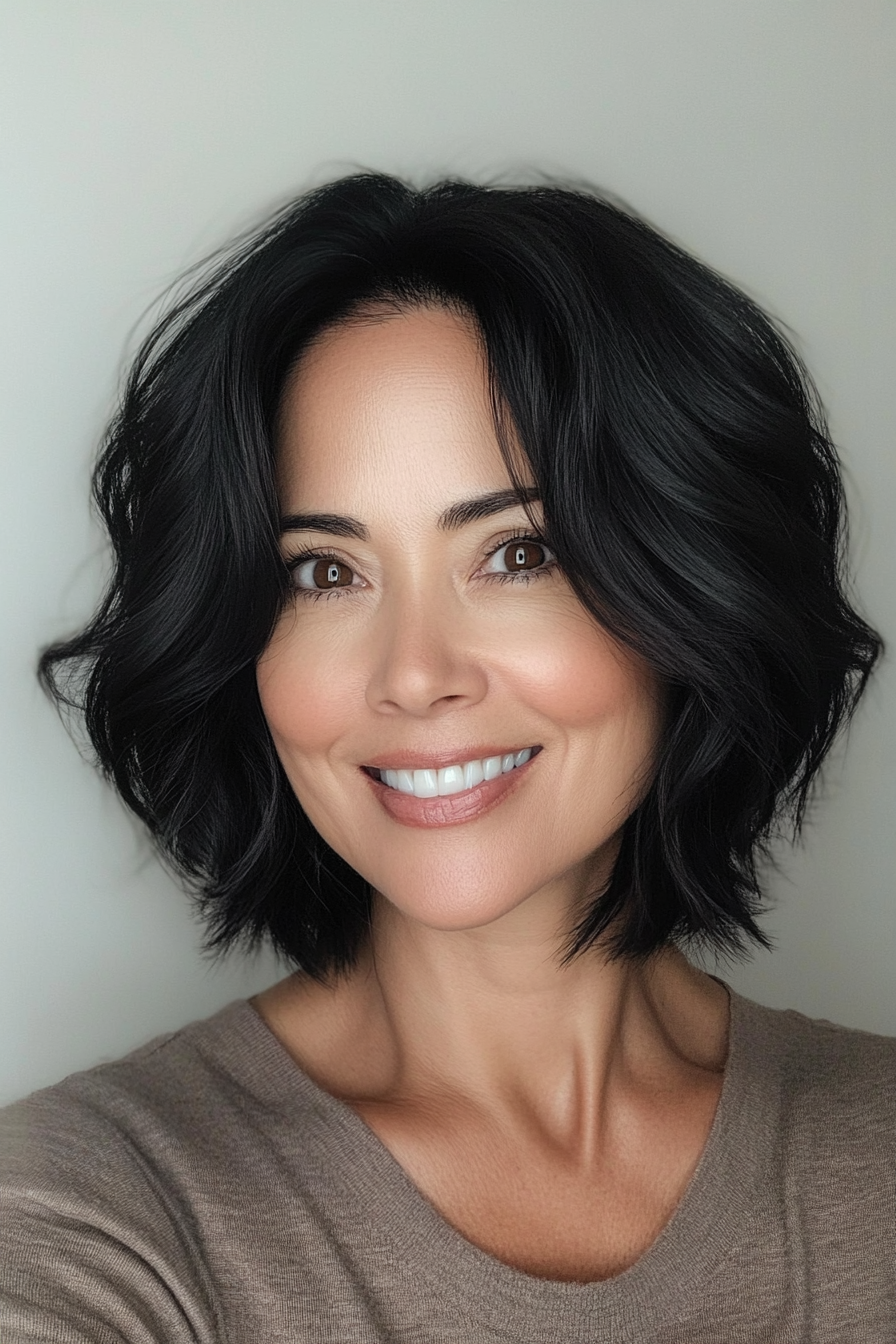 25. Layered Bob with Soft Waves in Espresso Black (Layered Haircuts For Women Over 50) - Layered Haircuts For Women Over 50