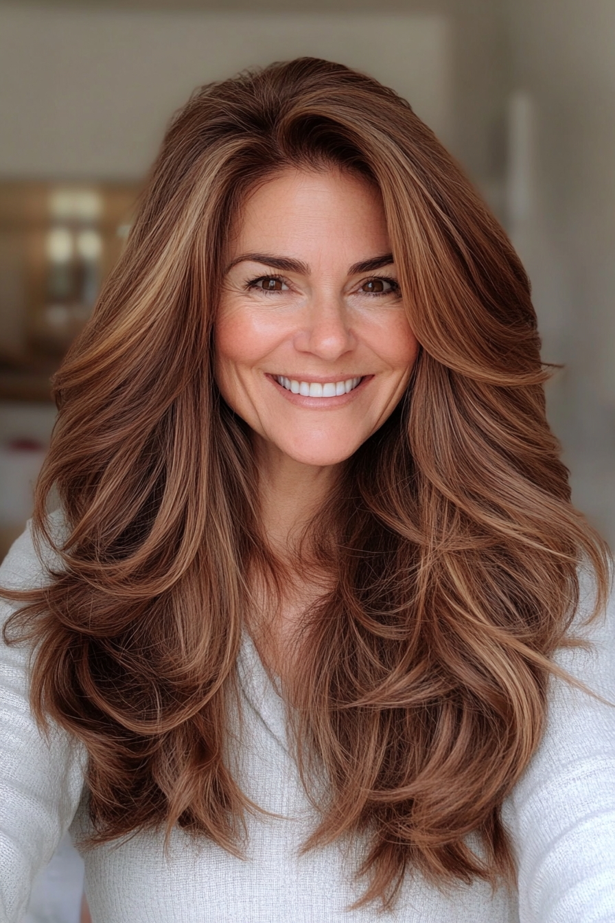 26. Long Tousled Layers in Light Chestnut Brown (Layered Haircuts For Women Over 50) - Layered Haircuts For Women Over 50