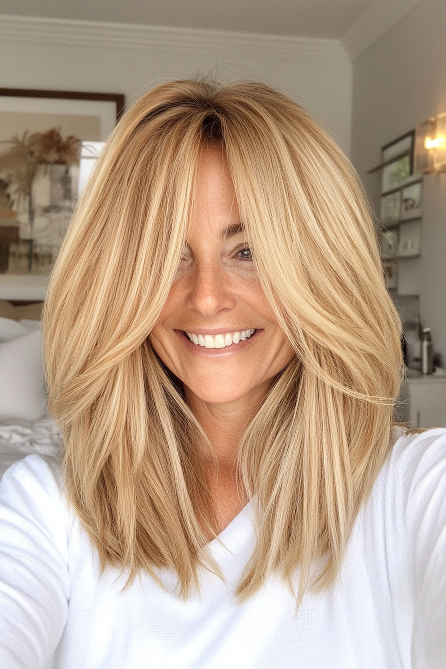2. Golden Blonde Textured Lob (Medium Length Haircuts For Women Over 40) - Medium Length Haircuts For Women Over 40