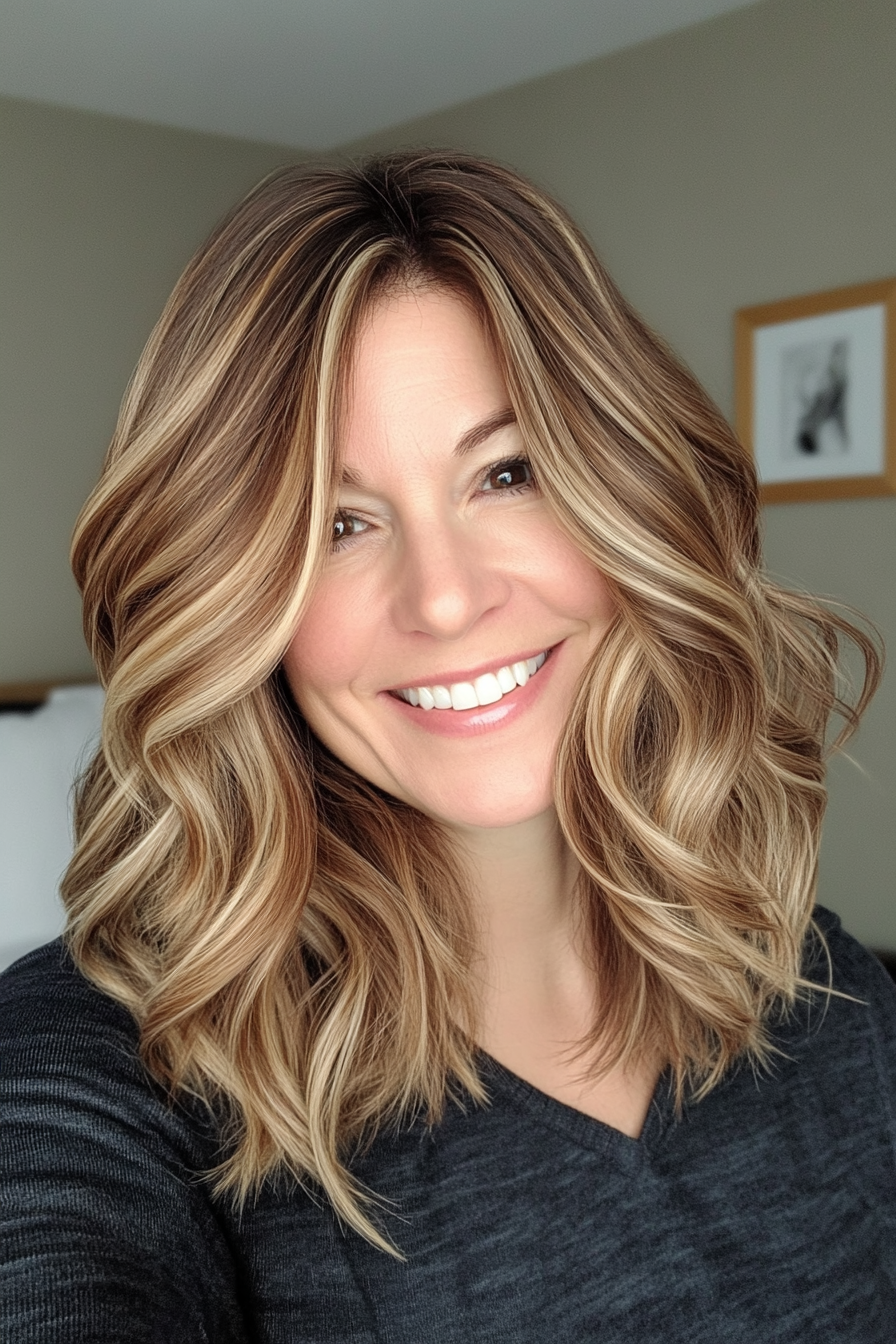 3. Wavy Caramel Shag (Medium Length Haircuts For Women Over 40) - Medium Length Haircuts For Women Over 40