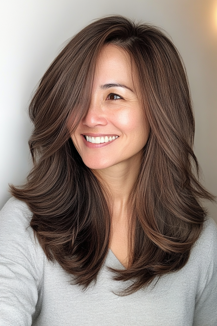 4. Chocolate Brown Soft Layers (Medium Length Haircuts For Women Over 40) - Medium Length Haircuts For Women Over 40