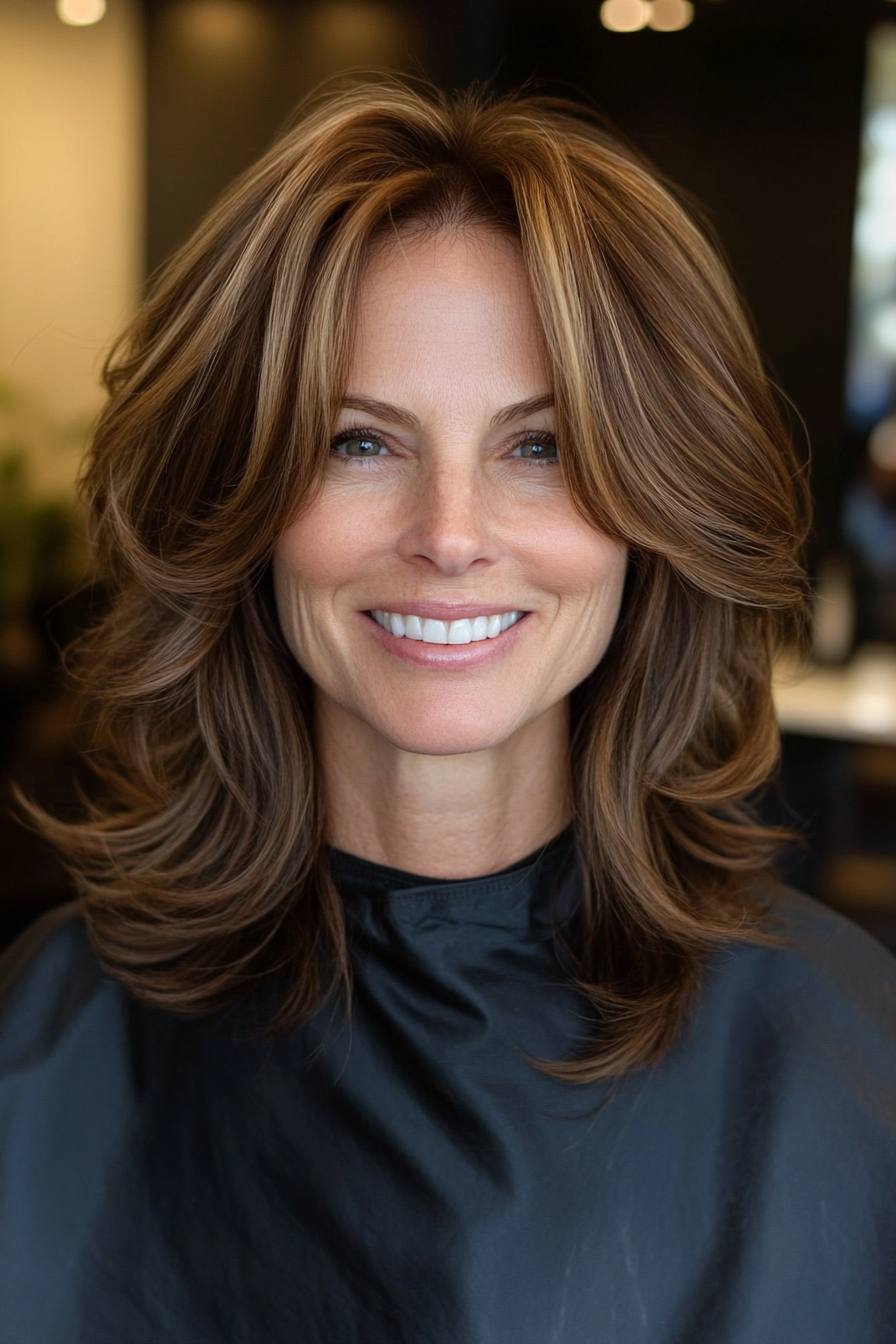 8. Chestnut Brown Wispy Layers (Medium Length Haircuts For Women Over 40) - Medium Length Haircuts For Women Over 40