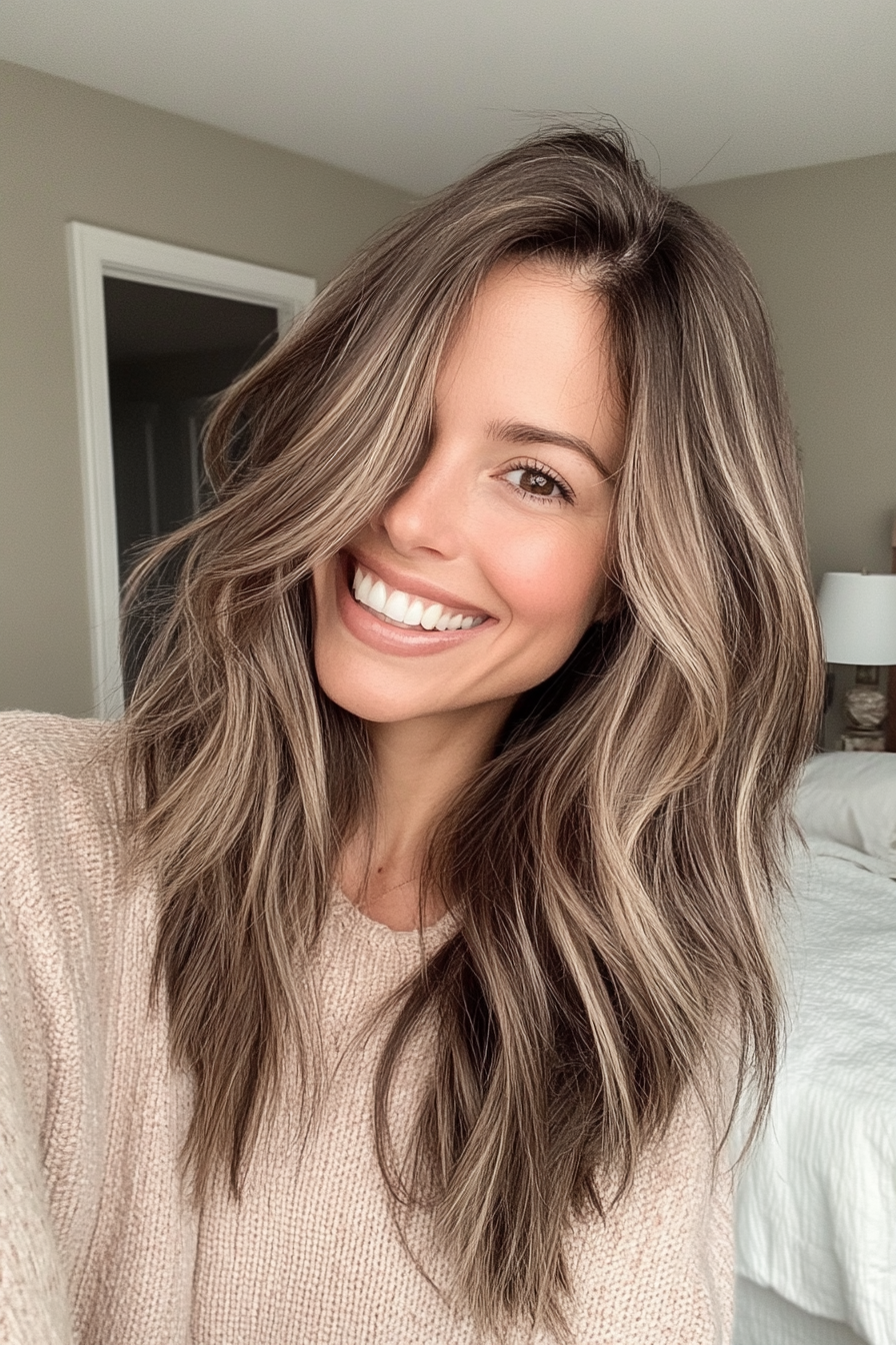11. Sunkissed Brunette Medium Layers (Medium Length Haircuts For Women Over 40) - Medium Length Haircuts For Women Over 40