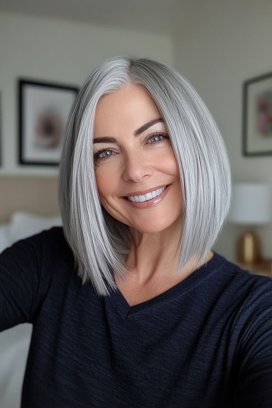 12. Silver Grey Blunt Lob (Medium Length Haircuts For Women Over 40) - Medium Length Haircuts For Women Over 40