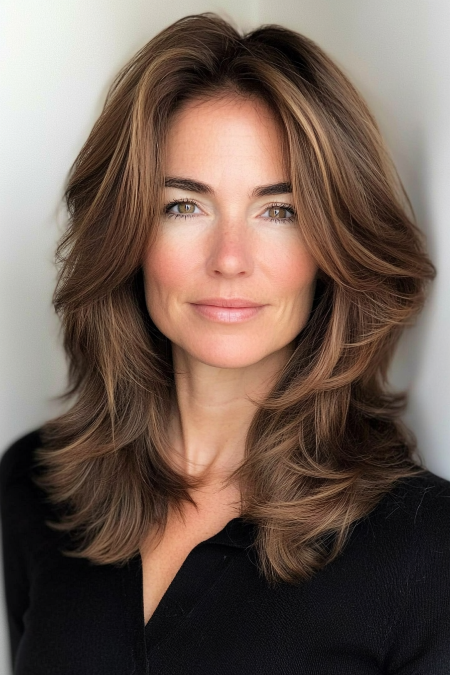 14. Warm Brown Feathered Cut (Medium Length Haircuts For Women Over 40) - Medium Length Haircuts For Women Over 40