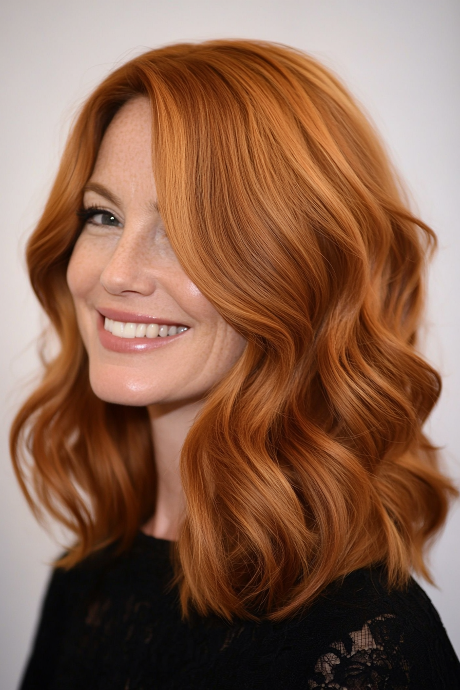 15. Golden Auburn Shoulder-Length Waves (Medium Length Haircuts For Women Over 40) - Medium Length Haircuts For Women Over 40