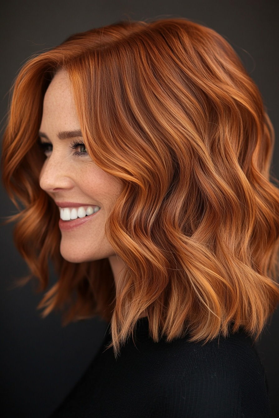19. Copper Brown Wavy Shoulder Cut (Medium Length Haircuts For Women Over 40) - Medium Length Haircuts For Women Over 40