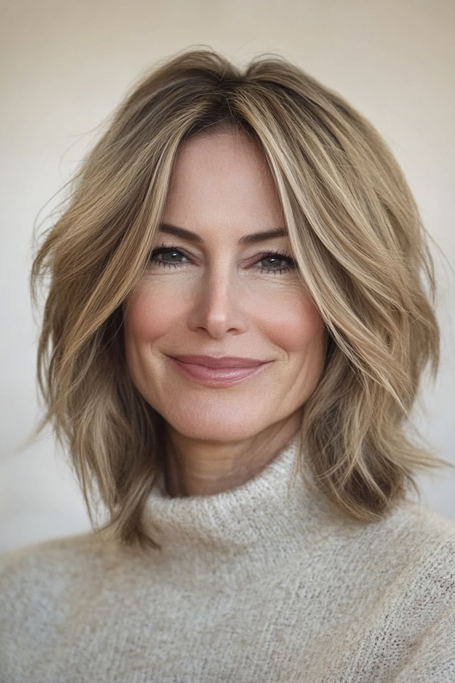 20. Soft Beige Blonde Lob with Layers (Medium Length Haircuts For Women Over 40) - Medium Length Haircuts For Women Over 40