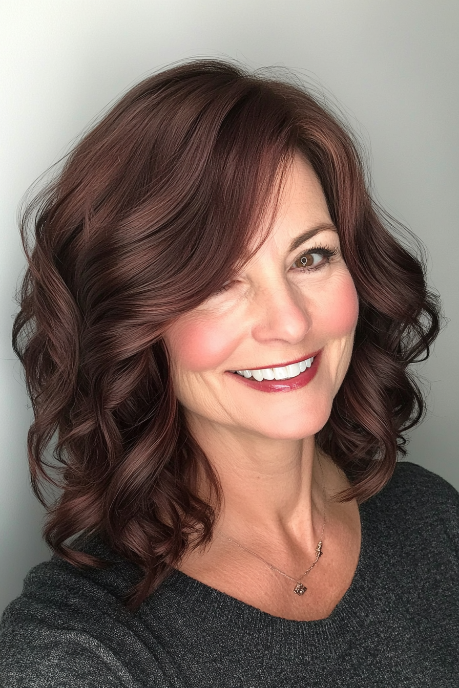 21. Mahogany Shoulder-Length Cut with Soft Curls (Medium Length Haircuts For Women Over 40) - Medium Length Haircuts For Women Over 40