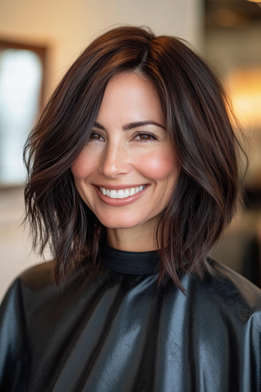 22. Espresso Brown Asymmetrical Lob (Medium Length Haircuts For Women Over 40) - Medium Length Haircuts For Women Over 40