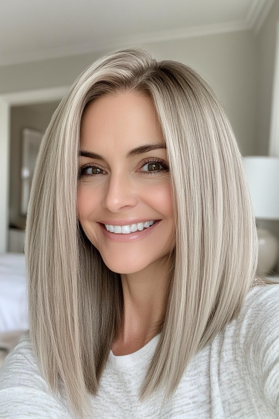 23. Ash Blonde Straight Lob with Subtle Layers (Medium Length Haircuts For Women Over 40) - Medium Length Haircuts For Women Over 40