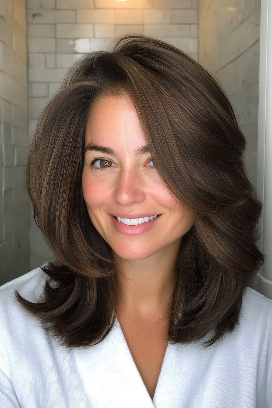24. Deep Brown Layered Mid-Length Cut (Medium Length Haircuts For Women Over 40) - Medium Length Haircuts For Women Over 40