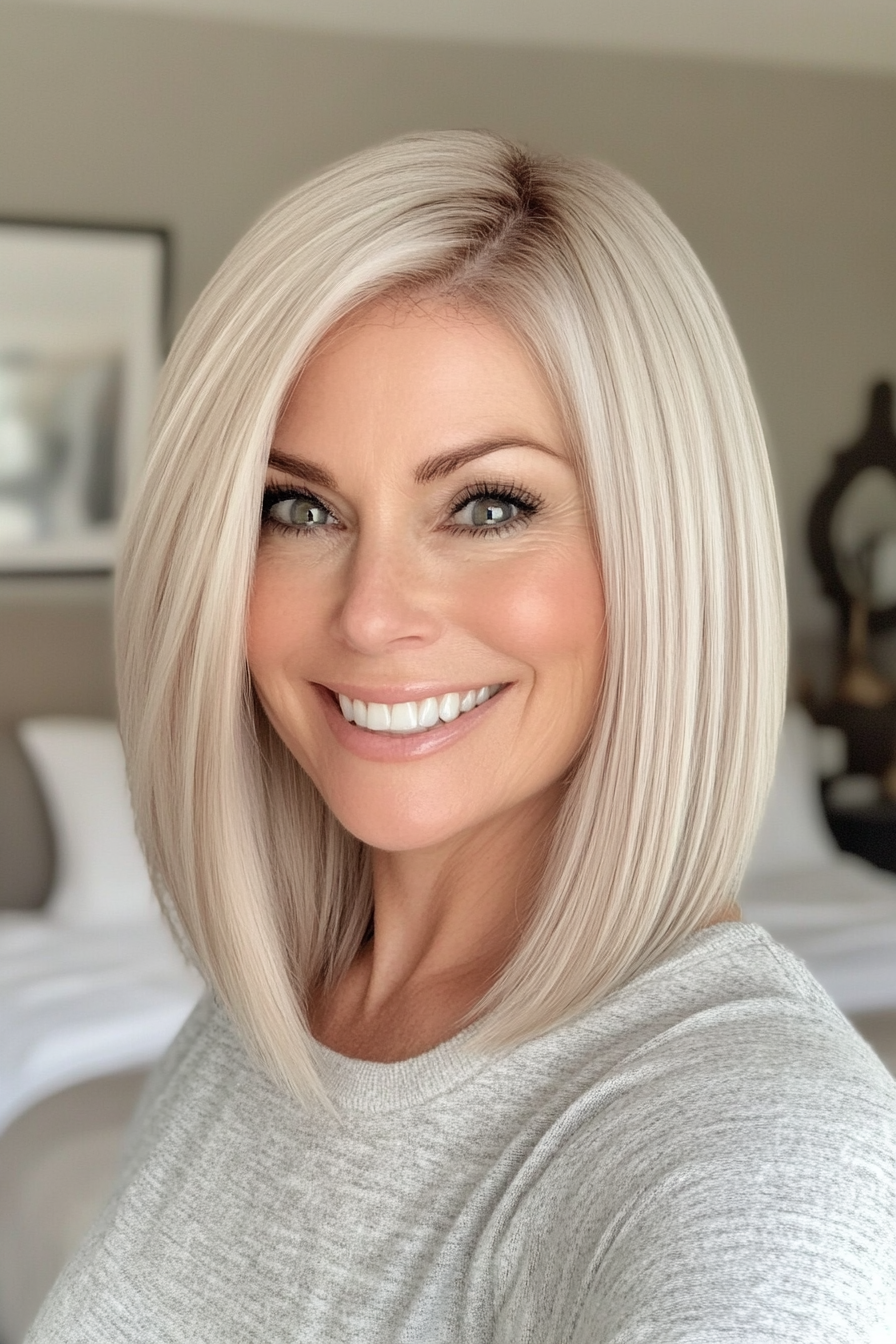26. Pearl Blonde Mid-Length Blunt Cut (Medium Length Haircuts For Women Over 40) - Medium Length Haircuts For Women Over 40