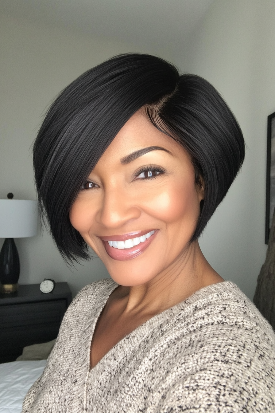 4. Asymmetrical Bob in Natural Black (Short Black Hairstyles For Women Over 50) - Short Black Hairstyles For Women Over 50