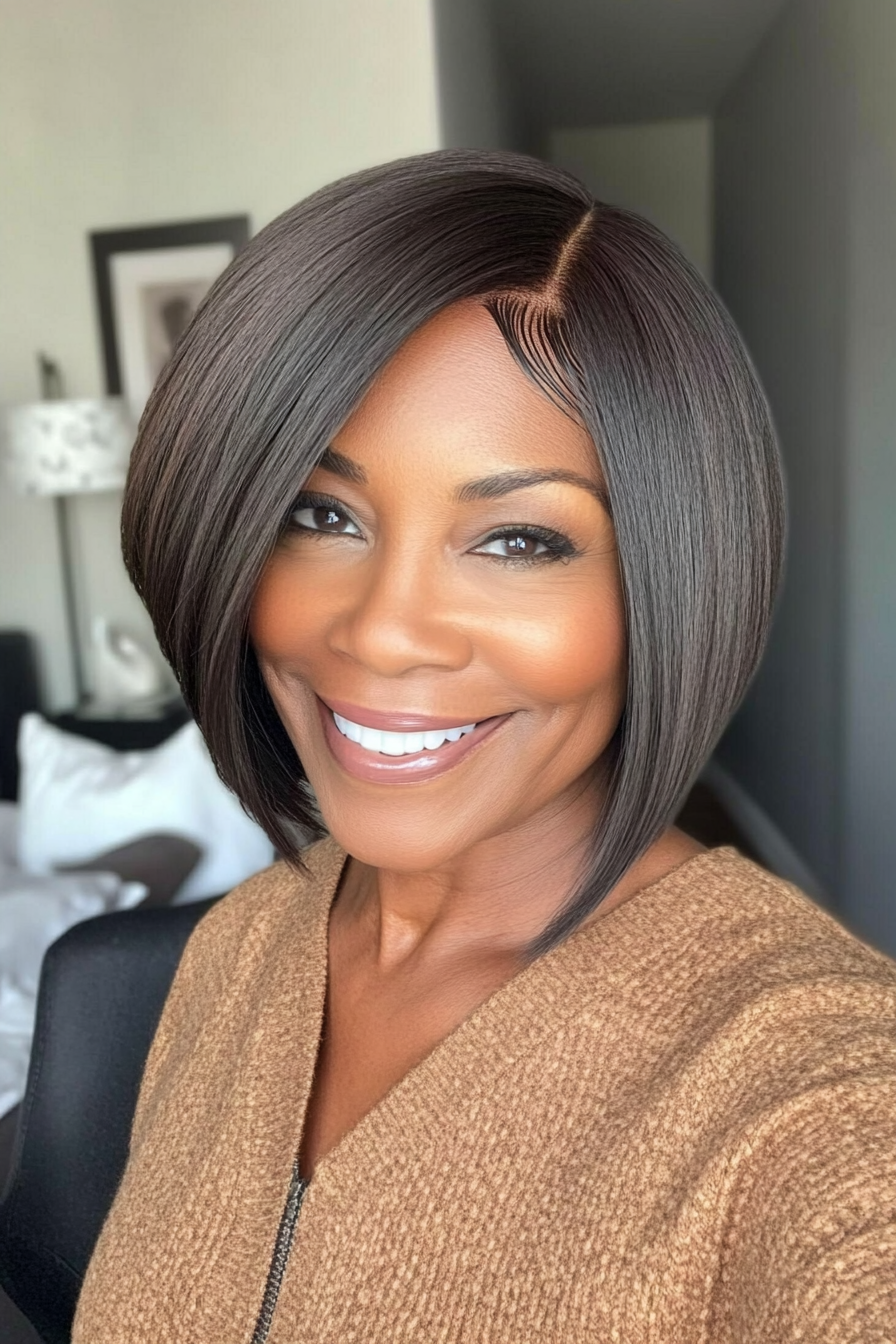 7. Sleek Side-Parted Bob in Deep Mocha (Short Black Hairstyles For Women Over 50) - Short Black Hairstyles For Women Over 50