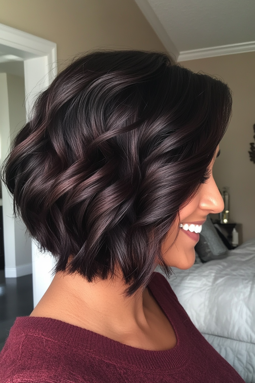 9. Wavy Bob in Dark Mahogany (Short Black Hairstyles For Women Over 50) - Short Black Hairstyles For Women Over 50