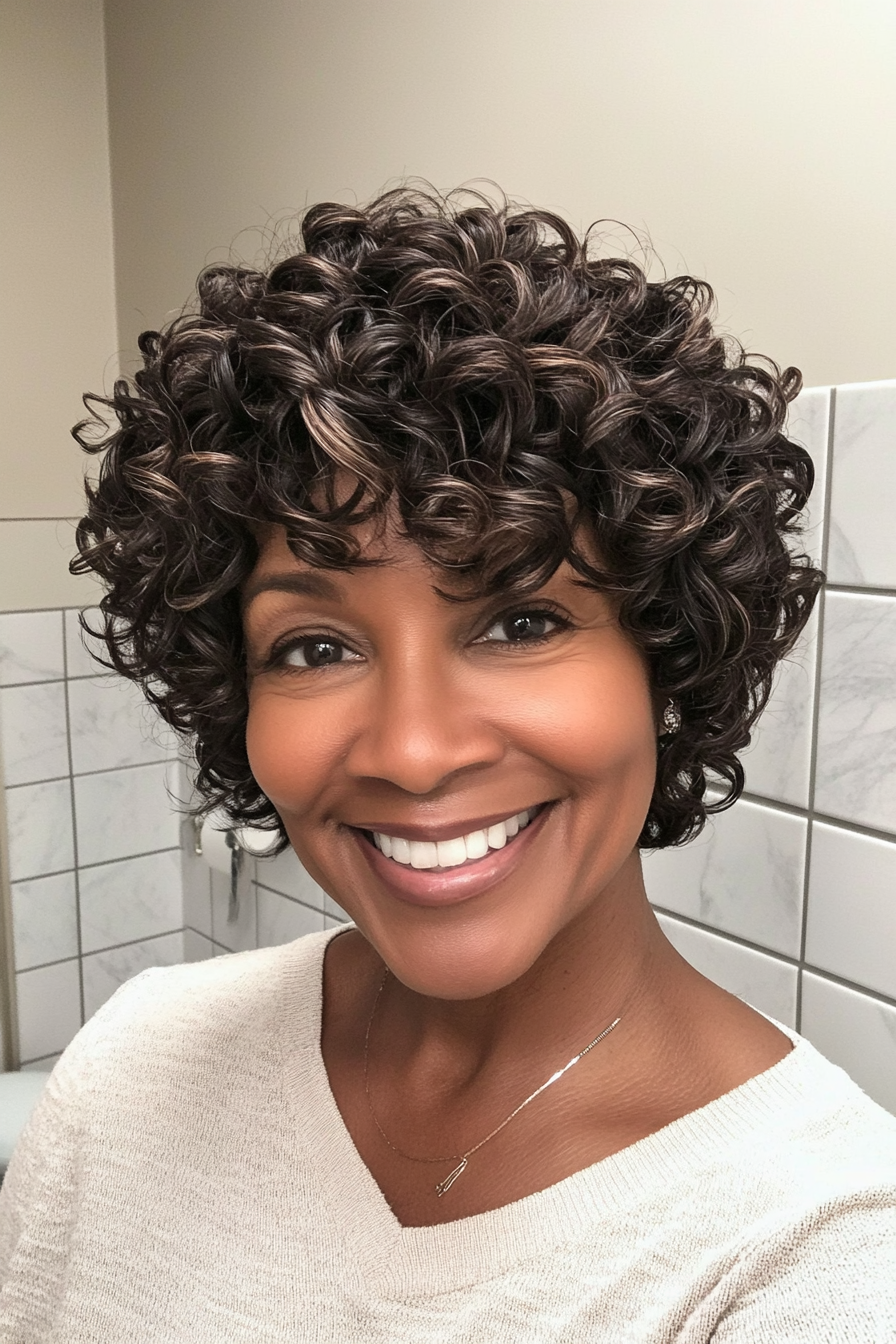 17. Rounded Curly Cut in Soft Mocha (Short Black Hairstyles For Women Over 50) - Short Black Hairstyles For Women Over 50