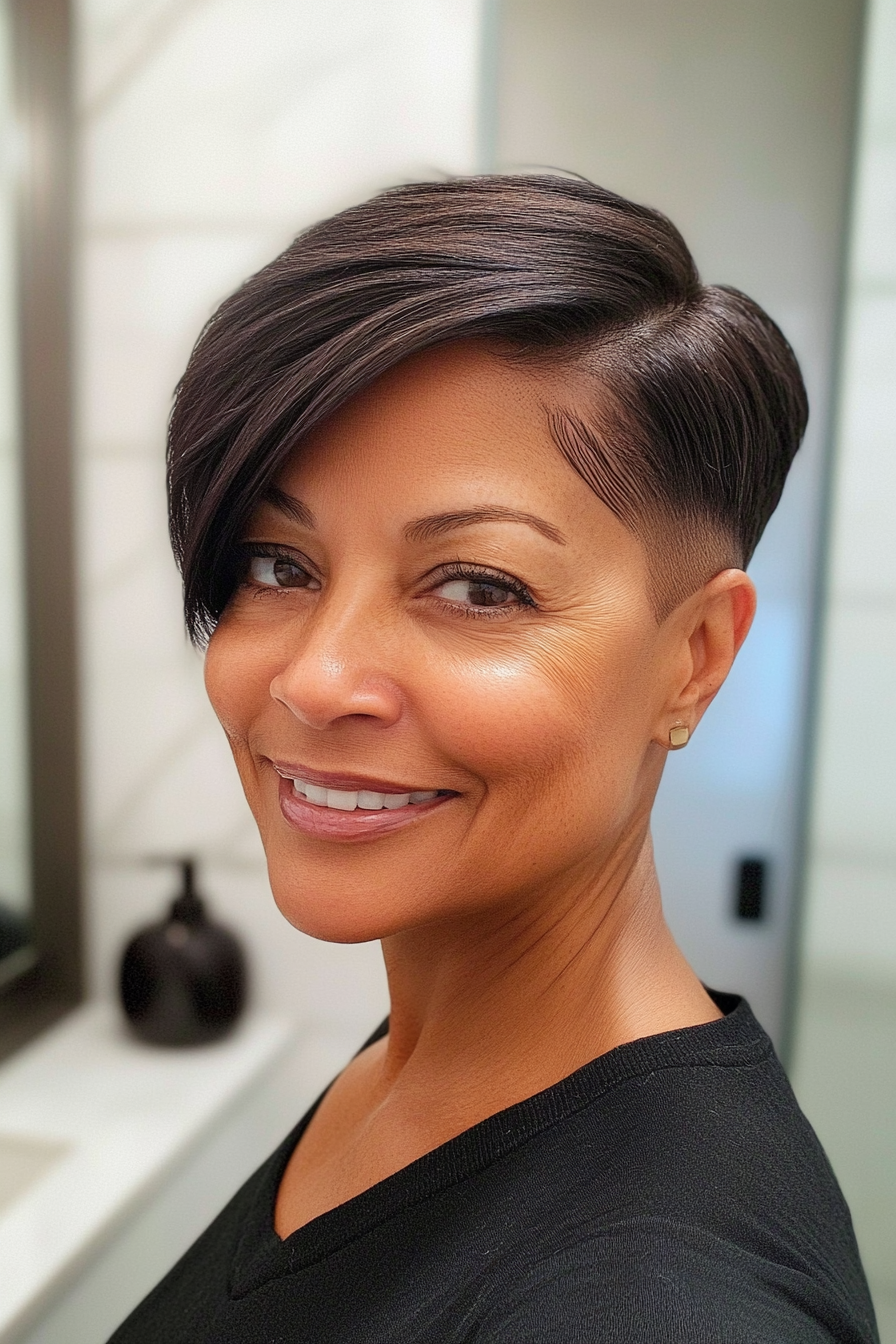 21. Side-Parted Pixie in Warm Brown (Short Black Hairstyles For Women Over 50) - Short Black Hairstyles For Women Over 50