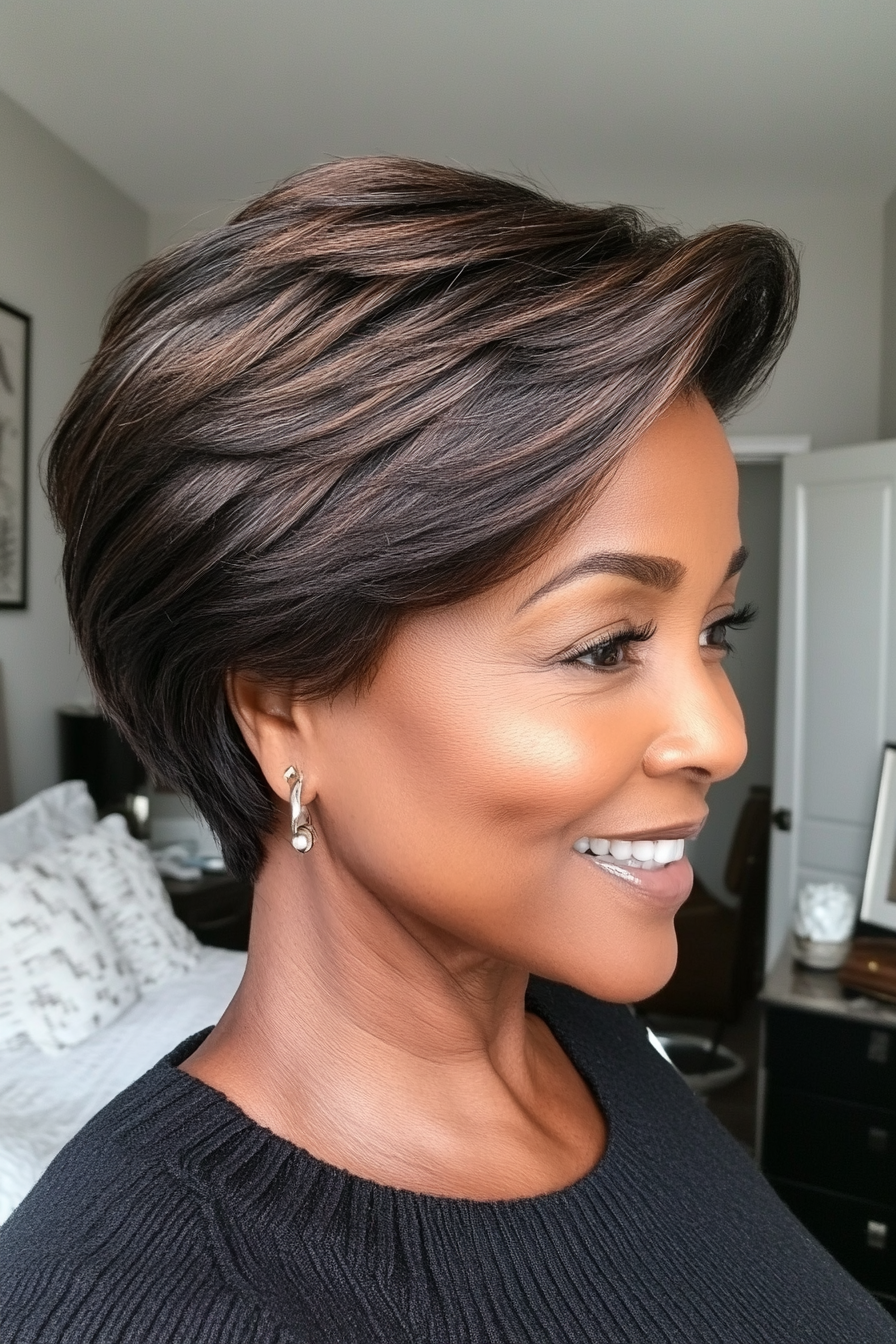 22. Softly Layered Taper Cut in Rich Chestnut (Short Black Hairstyles For Women Over 50) - Short Black Hairstyles For Women Over 50