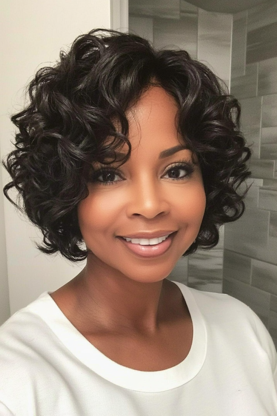 25. Fluffy Curls in Deep Brunette (Short Black Hairstyles For Women Over 50) - Short Black Hairstyles For Women Over 50