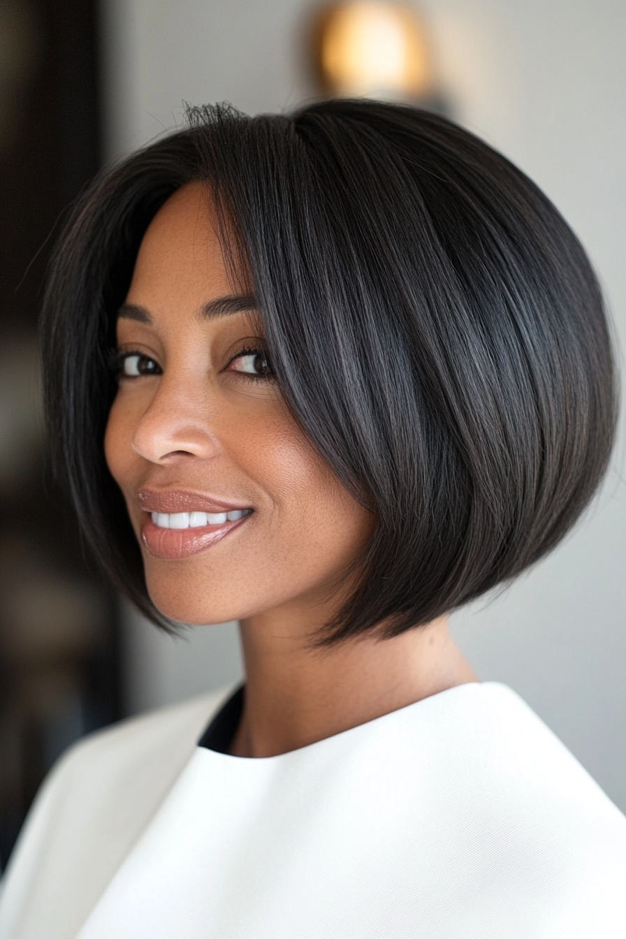 27. Angled Bob in Deep Cocoa (Short Black Hairstyles For Women Over 50) - Short Black Hairstyles For Women Over 50