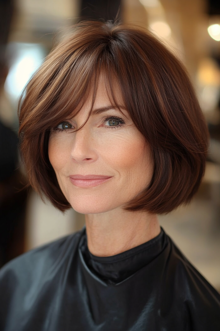 5. Chin-Length Bob with Side Swept Bangs (Short Bob Hairstyles For Older Women) - Short Bob Hairstyles For Older Women