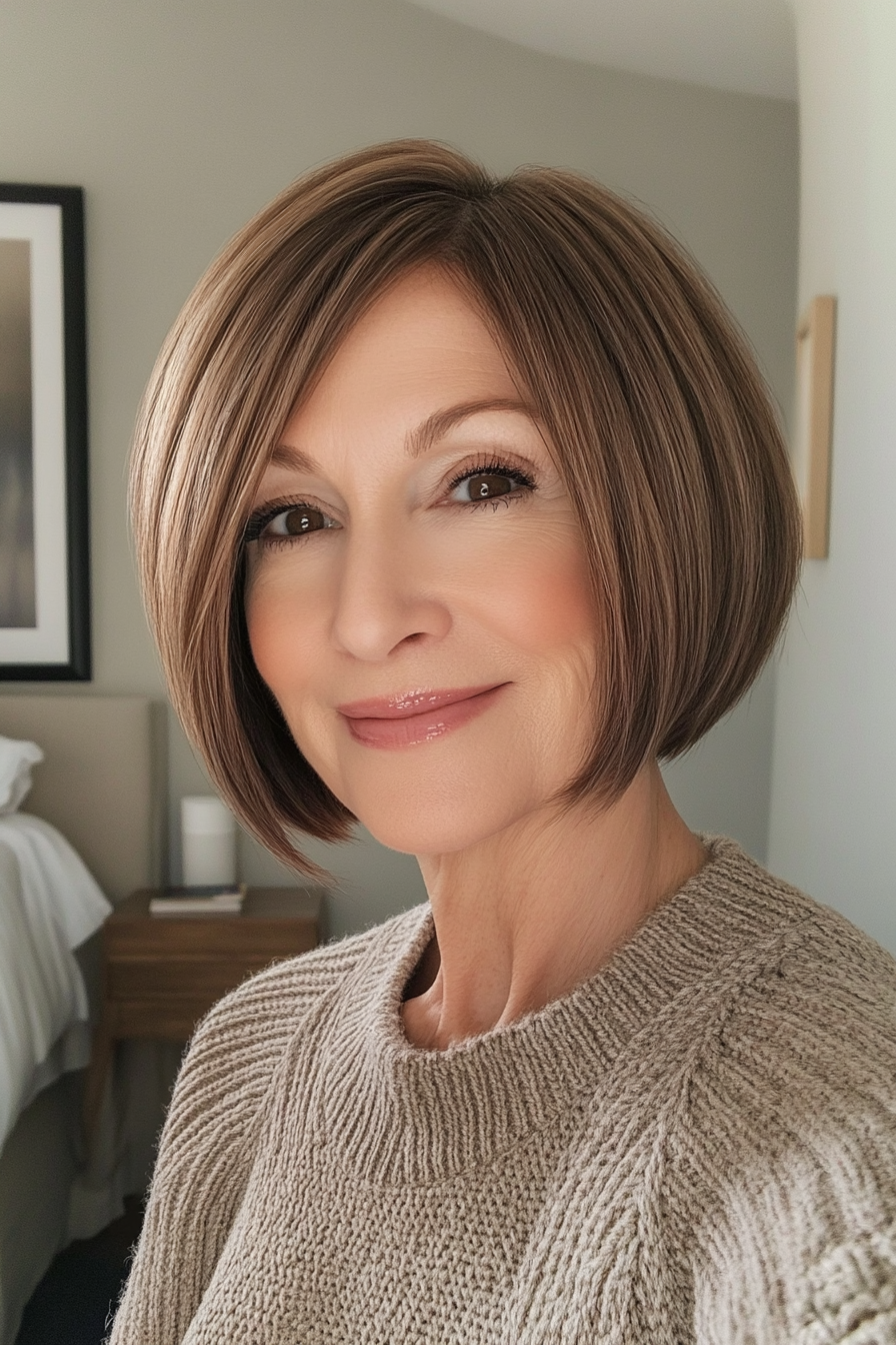 11. Softly Layered Bob in Warm Brown (Short Bob Hairstyles For Older Women) - Short Bob Hairstyles For Older Women
