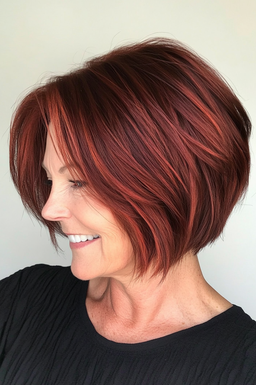 16. Textured Bob with Dark Red Tones (Short Bob Hairstyles For Older Women) - Short Bob Hairstyles For Older Women