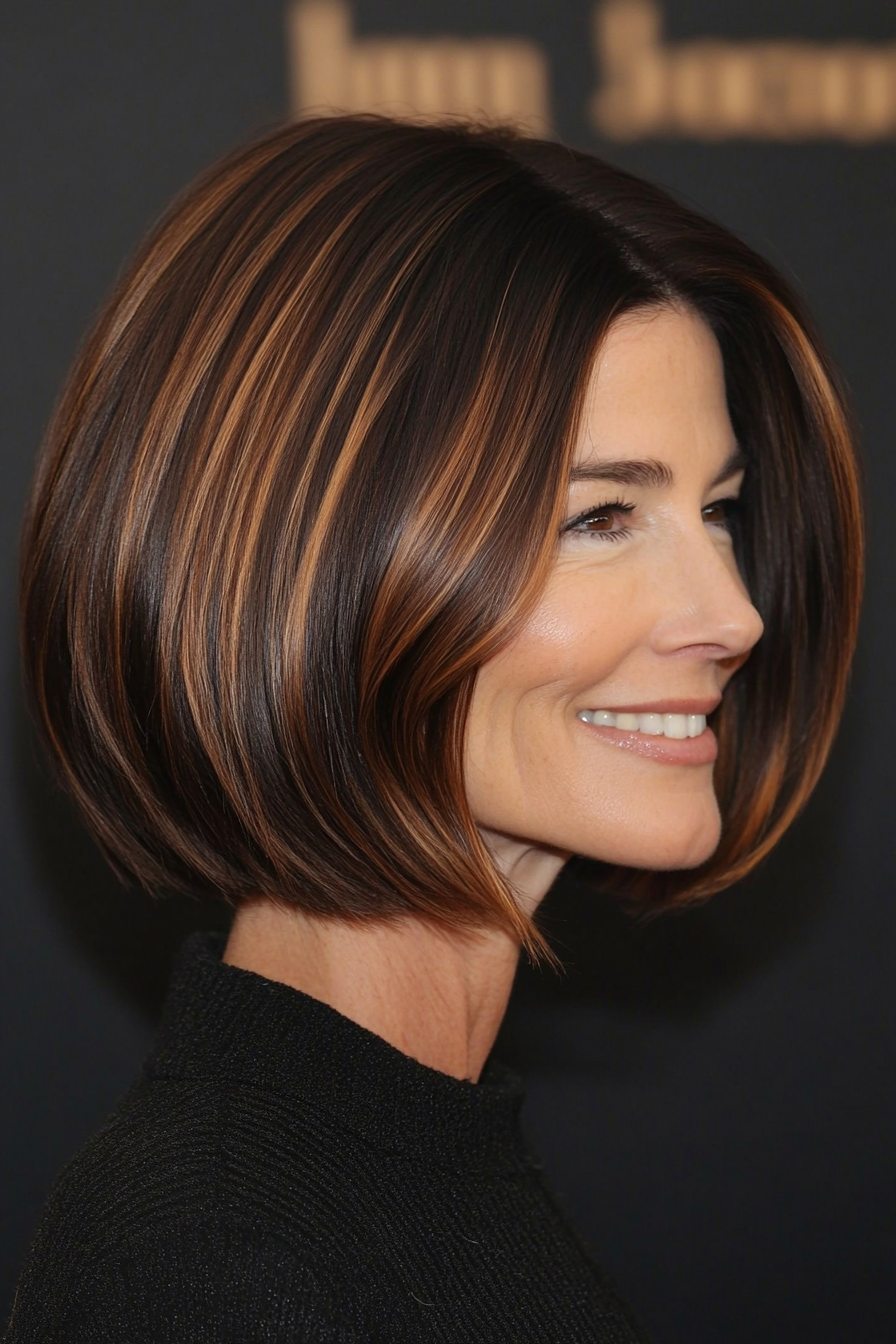 19. Long Bob with Caramel Highlights (Short Bob Hairstyles For Older Women) - Short Bob Hairstyles For Older Women