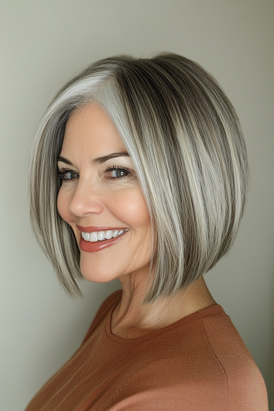 20. Stacked Bob with Gray and White (Short Bob Hairstyles For Older Women) - Short Bob Hairstyles For Older Women