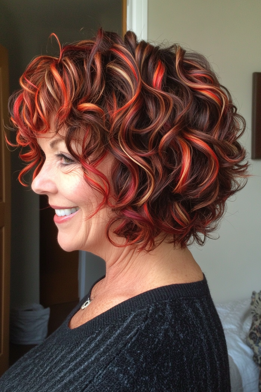 22. Curly Layered Bob with Red Highlights (Short Bob Hairstyles For Older Women) - Short Bob Hairstyles For Older Women