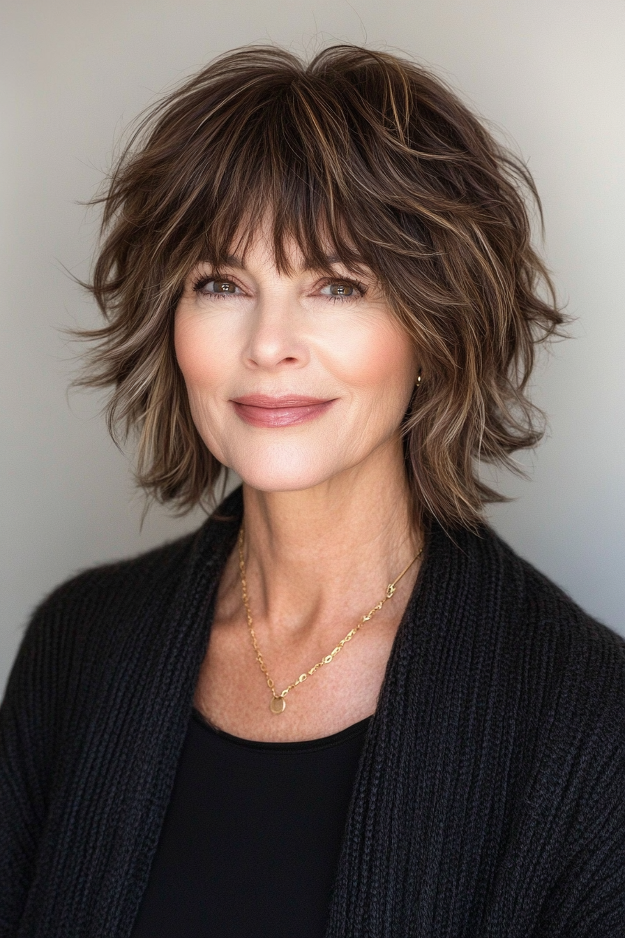 2. Choppy Brown Shag with Curtain Bangs (Short Shag Haircuts With Bangs For Older Women) - Short Shag Haircuts With Bangs For Older Women
