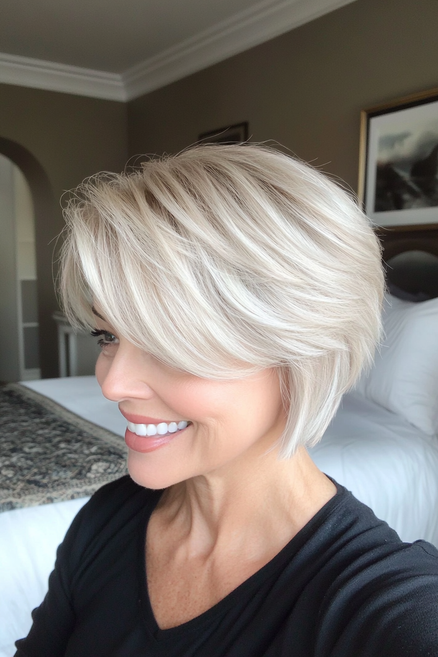 3. Platinum Blonde Shag with Side-Swept Bangs (Short Shag Haircuts With Bangs For Older Women) - Short Shag Haircuts With Bangs For Older Women