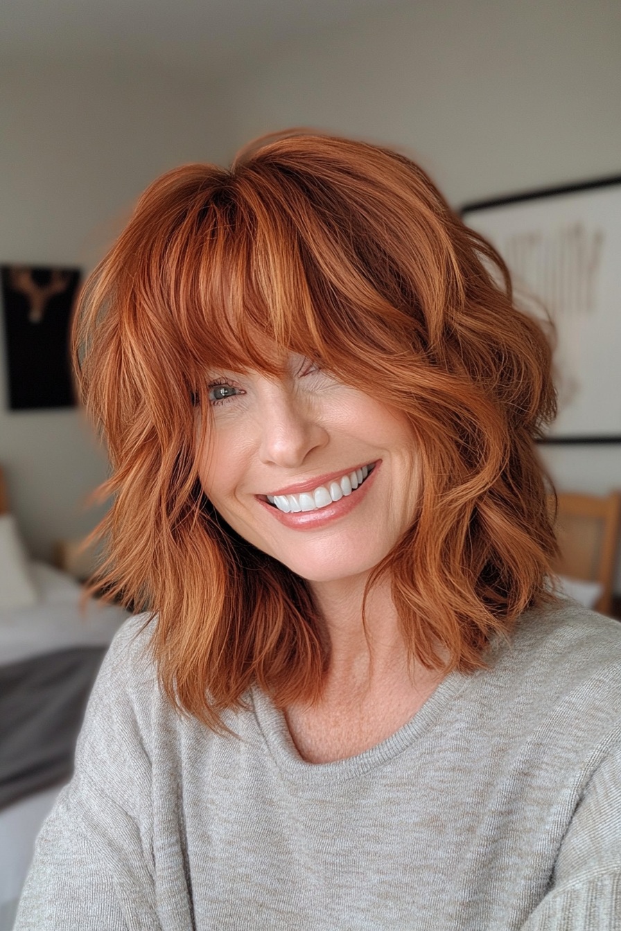 5. Soft Auburn Shag with Textured Bangs (Short Shag Haircuts With Bangs For Older Women) - Short Shag Haircuts With Bangs For Older Women