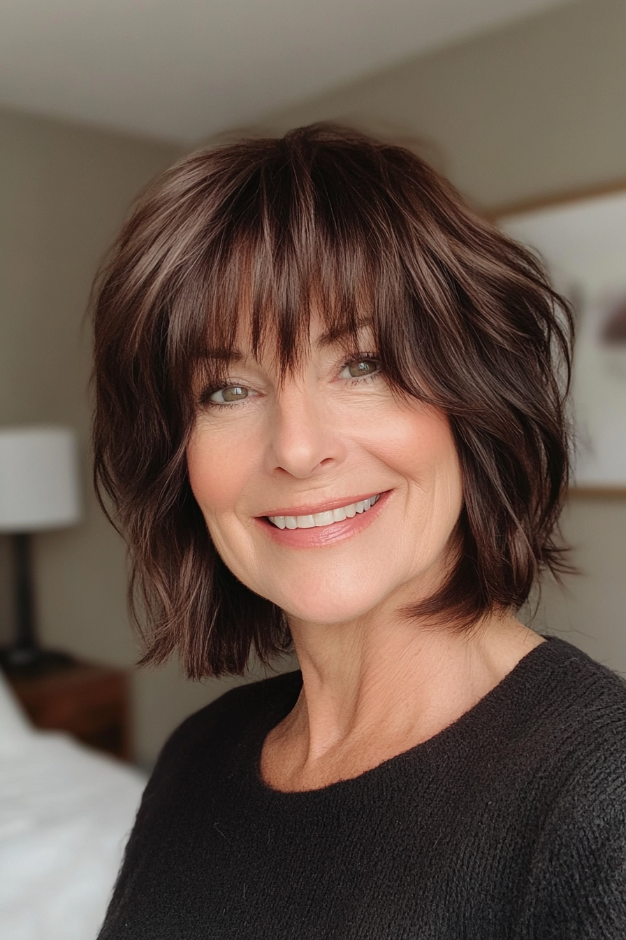 6. Dark Brown Shag with Baby Bangs (Short Shag Haircuts With Bangs For Older Women) - Short Shag Haircuts With Bangs For Older Women
