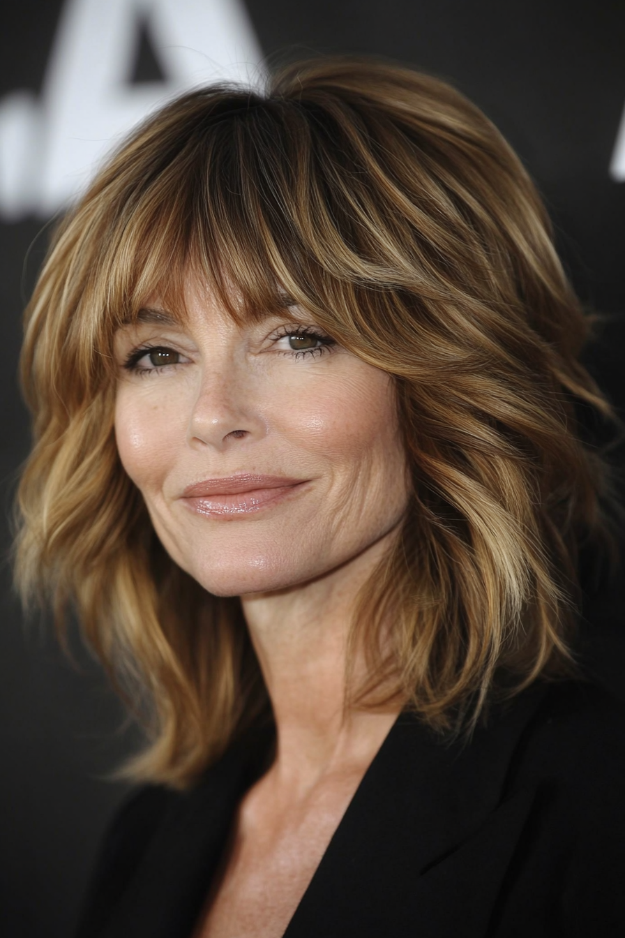 7. Caramel Shag with Long Bangs (Short Shag Haircuts With Bangs For Older Women) - Short Shag Haircuts With Bangs For Older Women