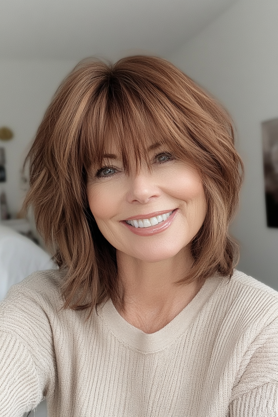 8. Chestnut Shag with Fringed Bangs (Short Shag Haircuts With Bangs For Older Women) - Short Shag Haircuts With Bangs For Older Women
