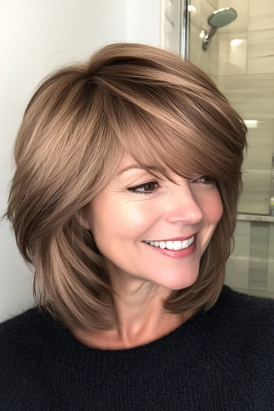 10. Ash Brown Shag with Angular Bangs (Short Shag Haircuts With Bangs For Older Women) - Short Shag Haircuts With Bangs For Older Women